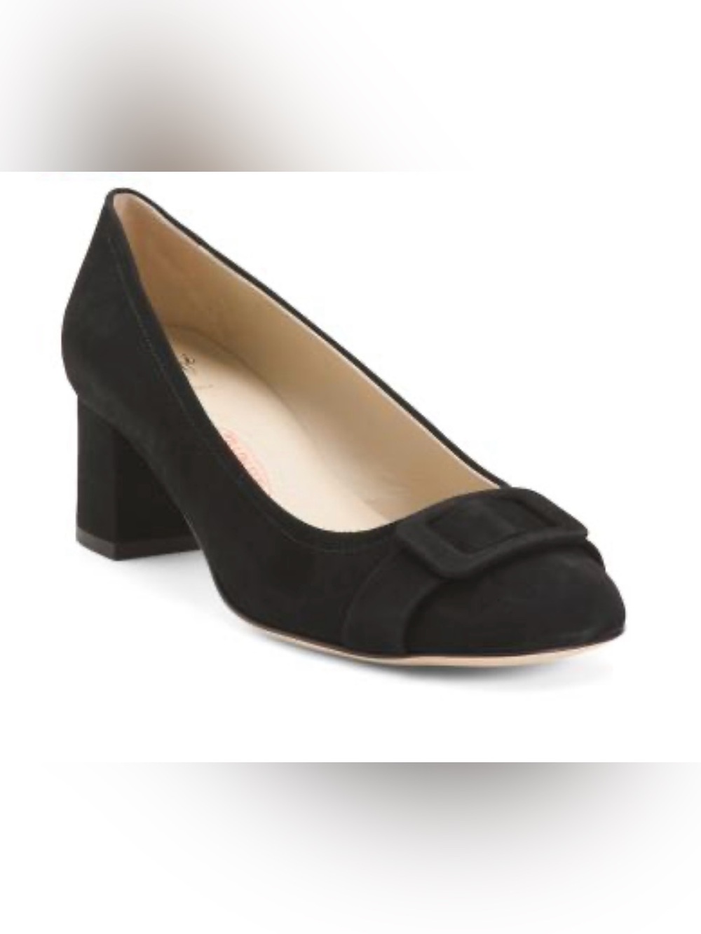 Amalfi Black Suede Block Heel Pump with Buckle Accent